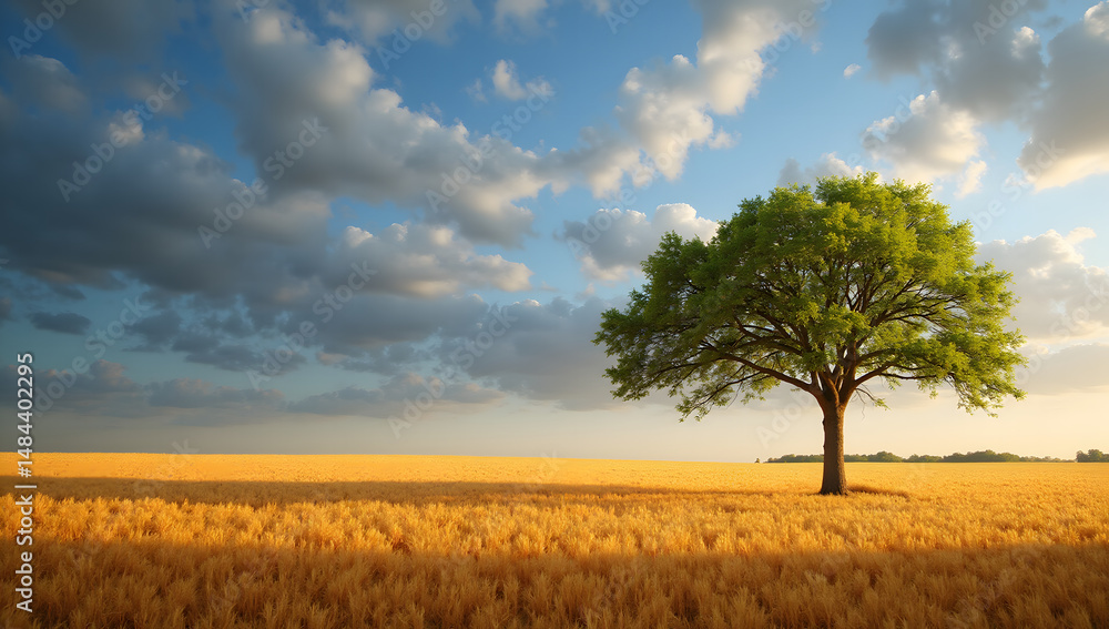 Obraz premium Majestic Lone Tree in Golden Wheat Field Under Dramatic Sunset Sky – Serene Countryside, Rural Beauty, and Nature's Solitude
