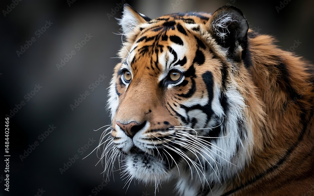 Fototapeta premium Close up portrait of a majestic bengal tiger head showcasing detailed fur and eye