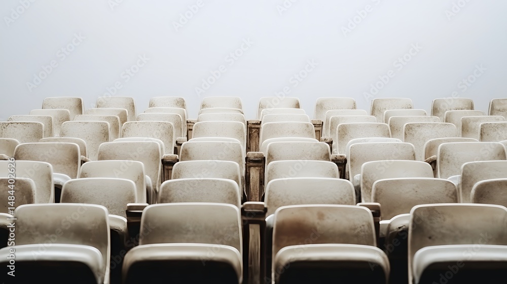 Fototapeta premium Rows of Empty Plastic Chairs in an Empty Hall with Minimalistic Background