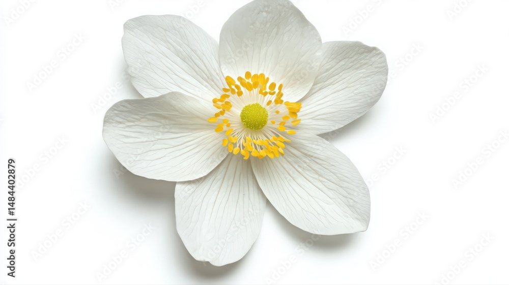 Obraz premium Alpine Anemone With Delicate White Petals And Yellow Stamen Against A Blank Background