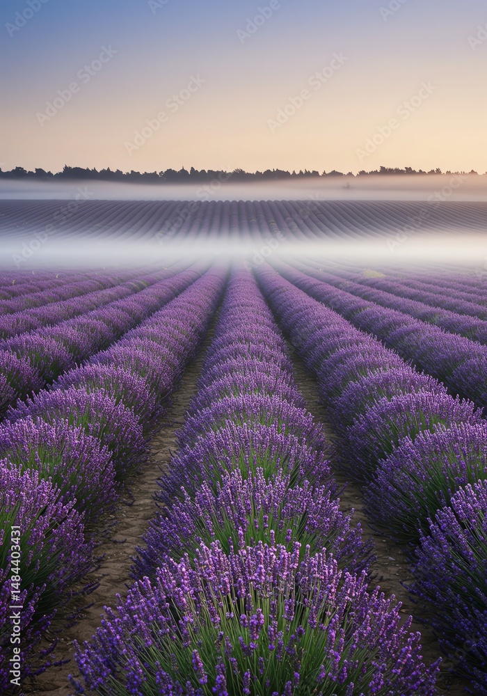 Obraz premium Misty Lavender Fields at Sunrise: A Serene Photographic Study