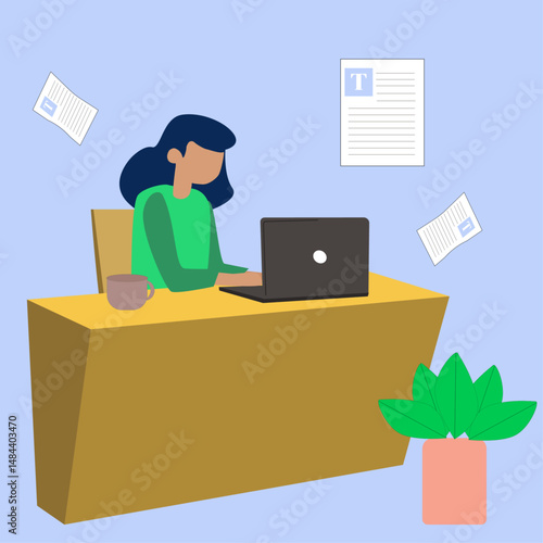 Flat Design Character Woman Content Writer And Laptop, expertise of content writers in the digital age , Part-time job, work tracking system, day planning