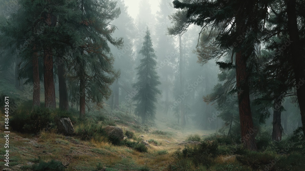 Fototapeta premium Misty forest scene with tall trees and greenery.