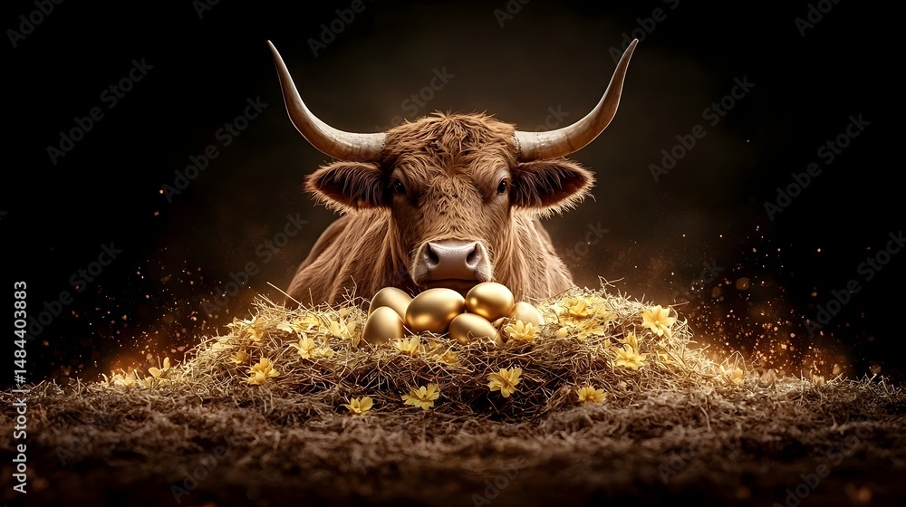 Naklejka premium Guarding the Golden Goose A Powerful Bull Protects a Nest of Dividend Yielding Growth Prosperity and in the Financial Markets