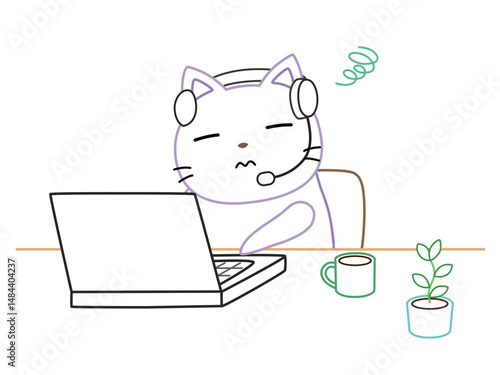 リモートワークで疲れているネコ　カラー線画