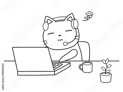 リモートワークで疲れているネコ　線画