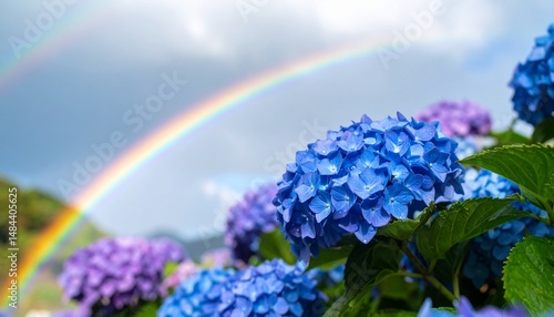 雨上がりの虹と紫陽花の風景