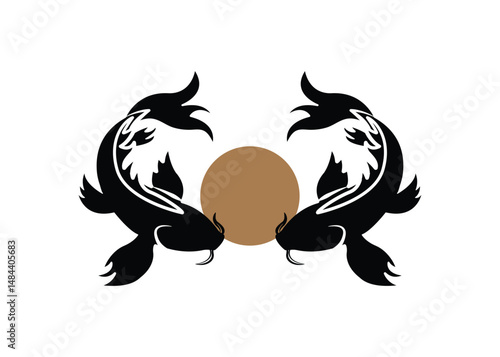 Koi fish logo and koi fish poster. Hand drawn line drawing. Koi fish illustration.