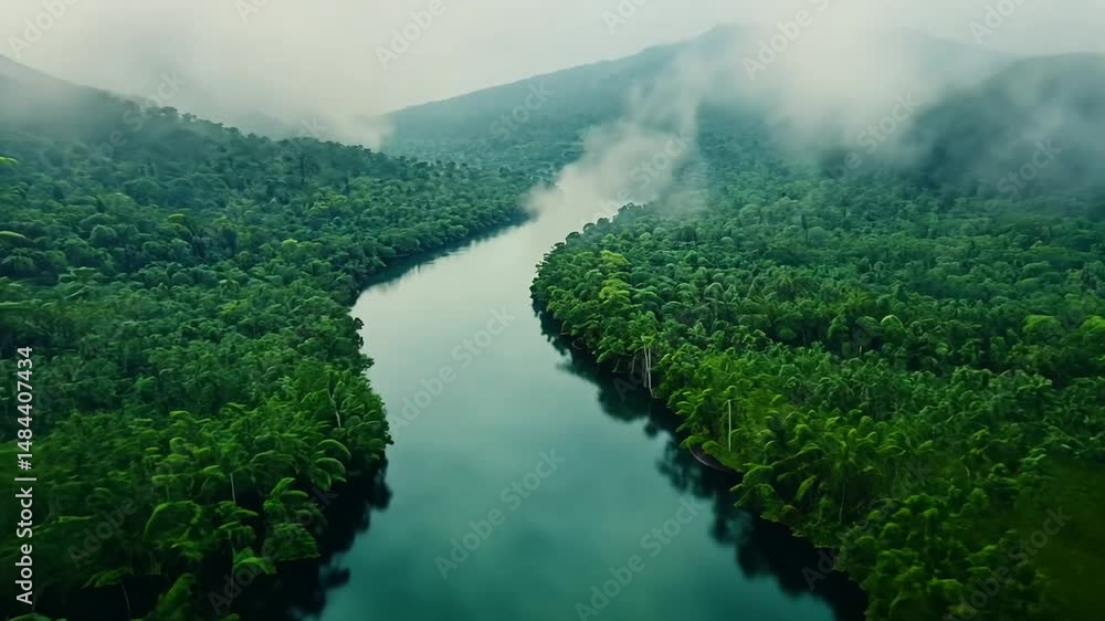 Serene River Flowing Through Lush Green Forest Serene River Flowing Through Lush Green Forest