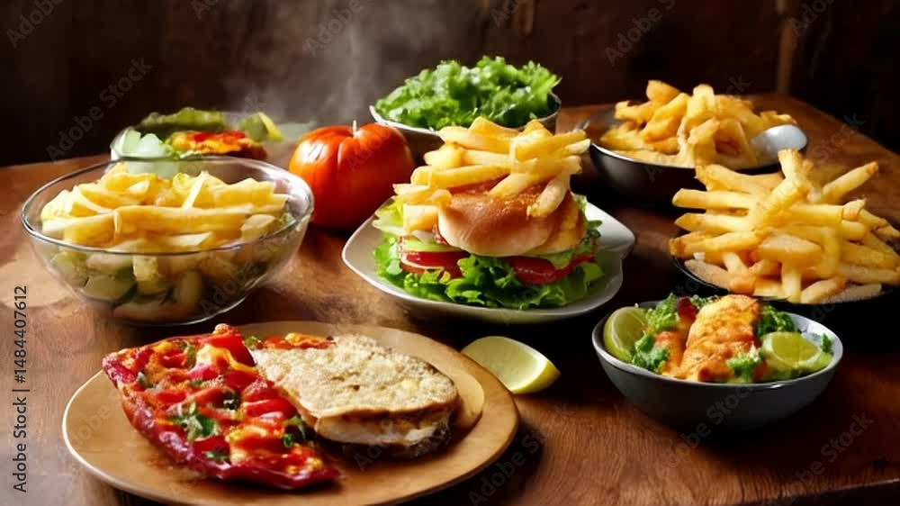 Varied Food Selection on Wooden Table Burger Fries and Fresh Salads with Eye Level Angle Varied Food Selection on Wooden Table Burger Fries and Fresh Salads with Eye Level Angle