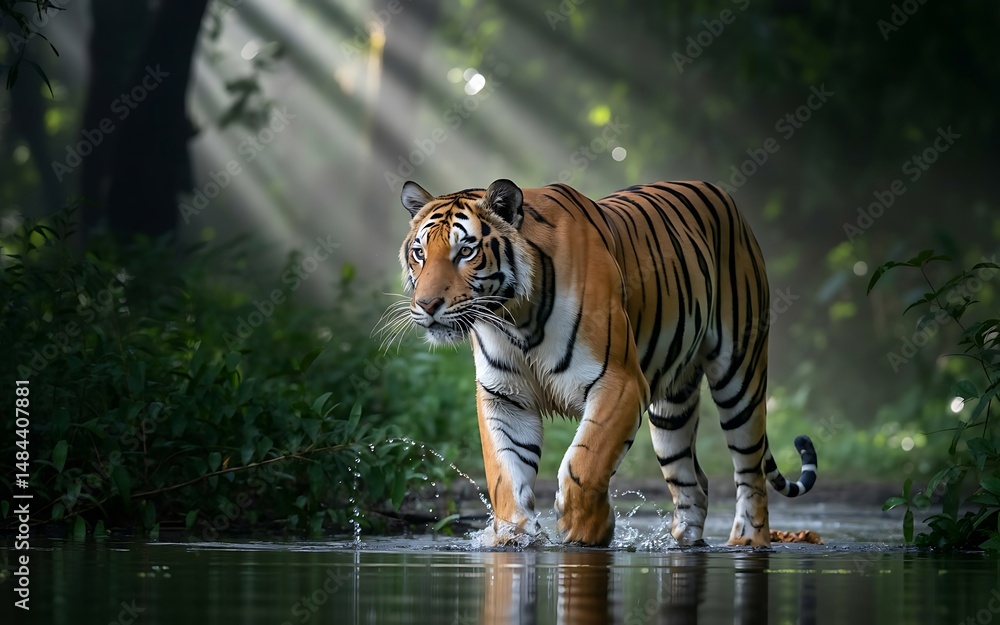 Naklejka premium Majestic bengal tiger walking through water in a lush green forest environment