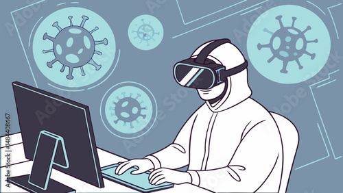 Vector person in white hazmat suit and black virtual reality headset interacts with computer, surrounded by virus illustrations