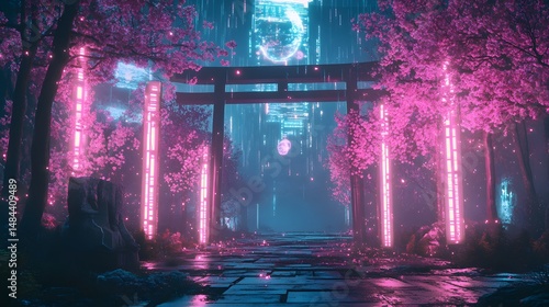 Cyberpunk Shrine in Sakura Forest under Glowing Neon Moonlight
