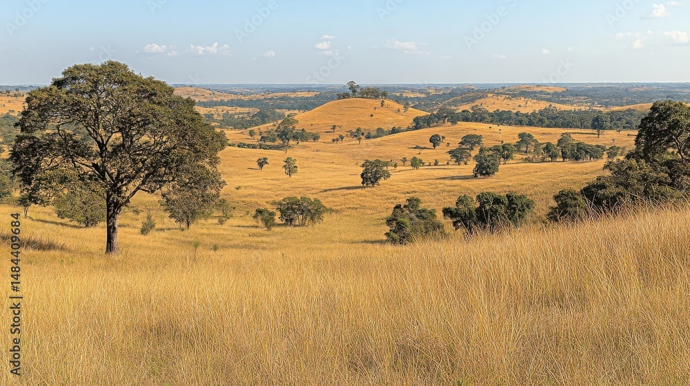 Obraz premium Vast Golden Savannah Landscape with Scattered Trees Under a Clear Blue Sky