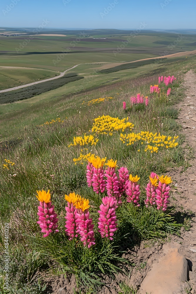 Obraz premium Wildflower Tapestry on a Hillside Overlooking Expansive Green Fields