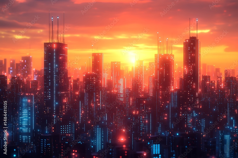 Fototapeta premium Futuristic city skyline illuminated by sunset glow displaying advanced technology and modern design