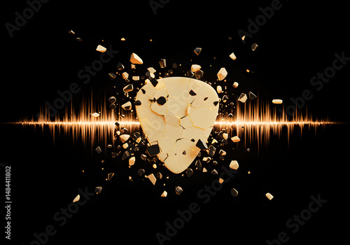 Exploding guitar pick with sound wave abstract music concept on black