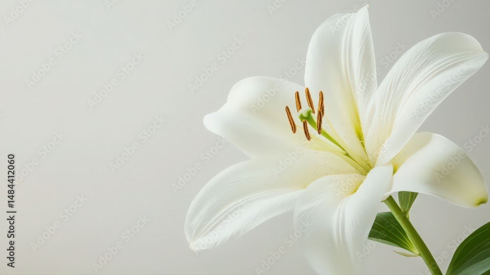 Obraz premium Beautiful White Lily Flower Delicately Blooming Against A Soft Blank Background