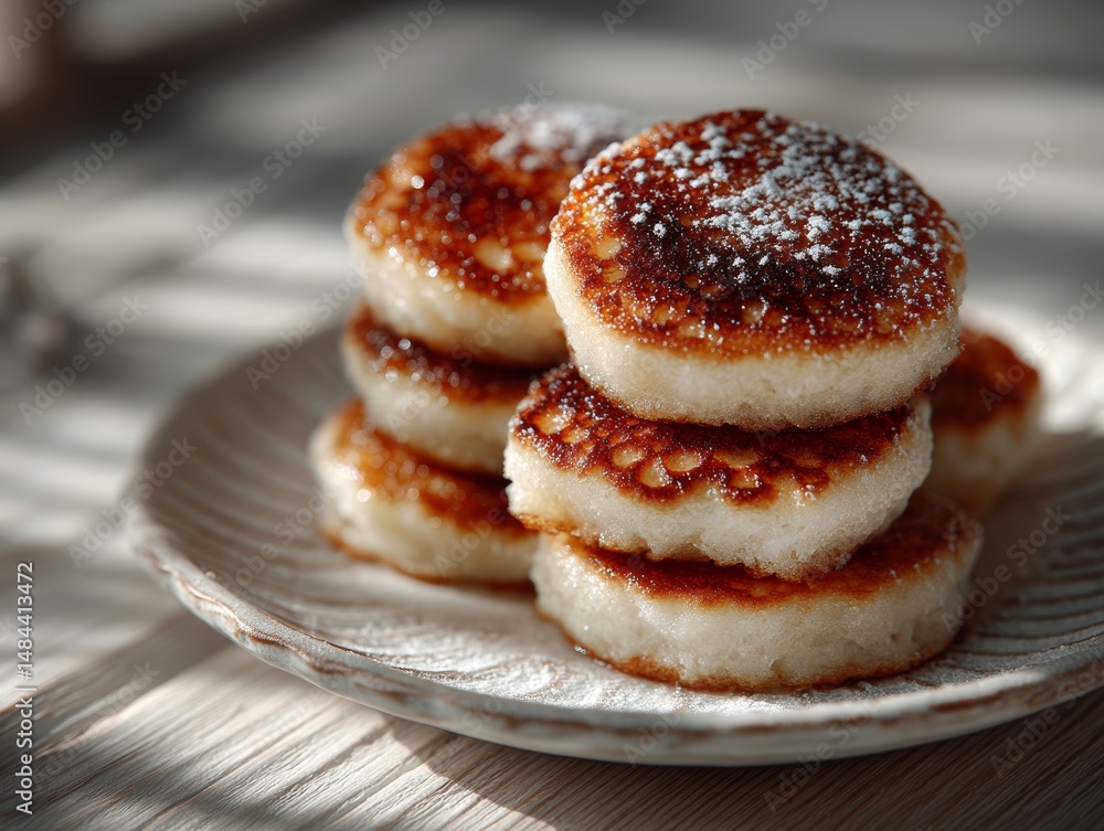 A stack of pancakes sitting on top of a white plate A stack of pancakes sitting on top of a white plate