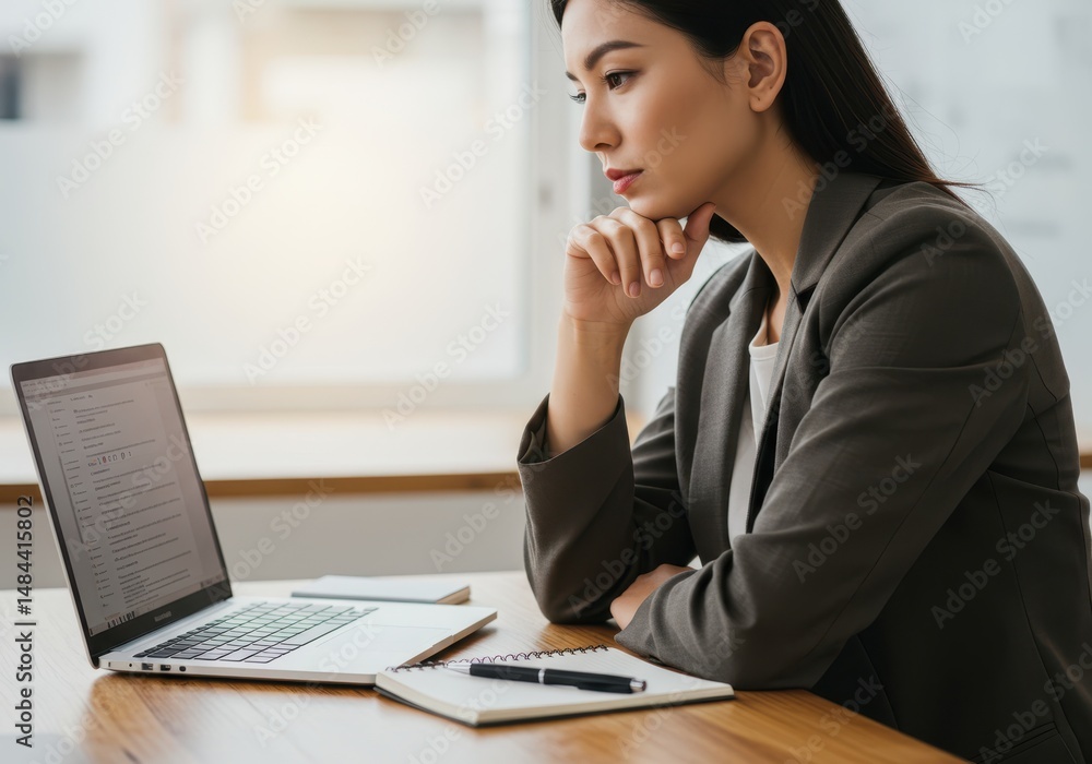 Young woman working on laptop computer with notebook and pen on desk in office Young woman working on laptop computer with notebook and pen on desk in office