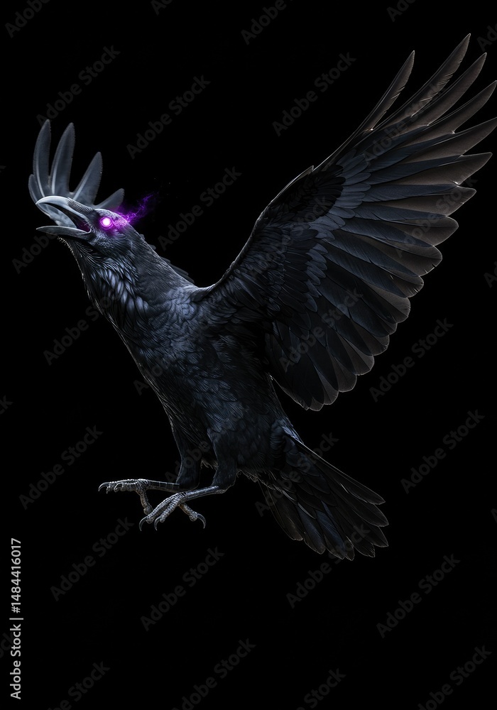 A black raven soaring with glowing purple eyes against a dark background.
A black raven soaring with glowing purple eyes against a dark background.