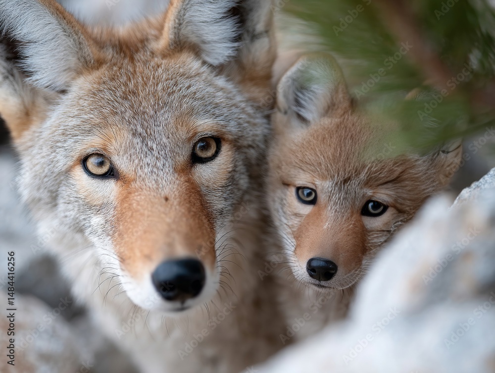 Naklejka premium A close up of two coyotes looking at the camera