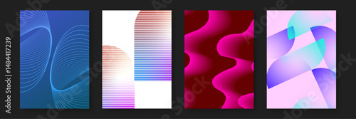 Four abstract designs with different shapes and colors suitable for graphic design projects, backgrounds, print materials, and web designs.