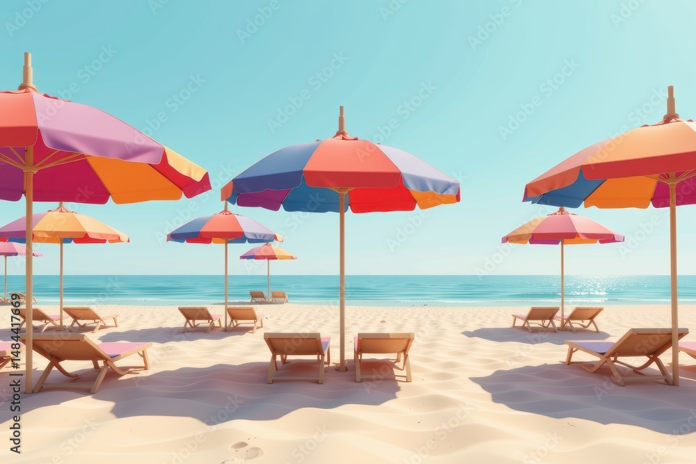 Fototapeta premium Beautiful colorful background for summer beach concept. Colorful beach umbrellas on a sandy shore, overlooking a tranquil ocean.