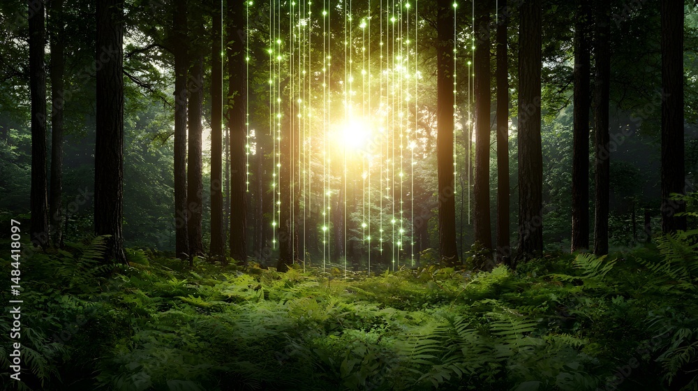 Obraz premium Enchanted Forest with Shimmering Light Rays and Lush Greenery in a Serene Environment