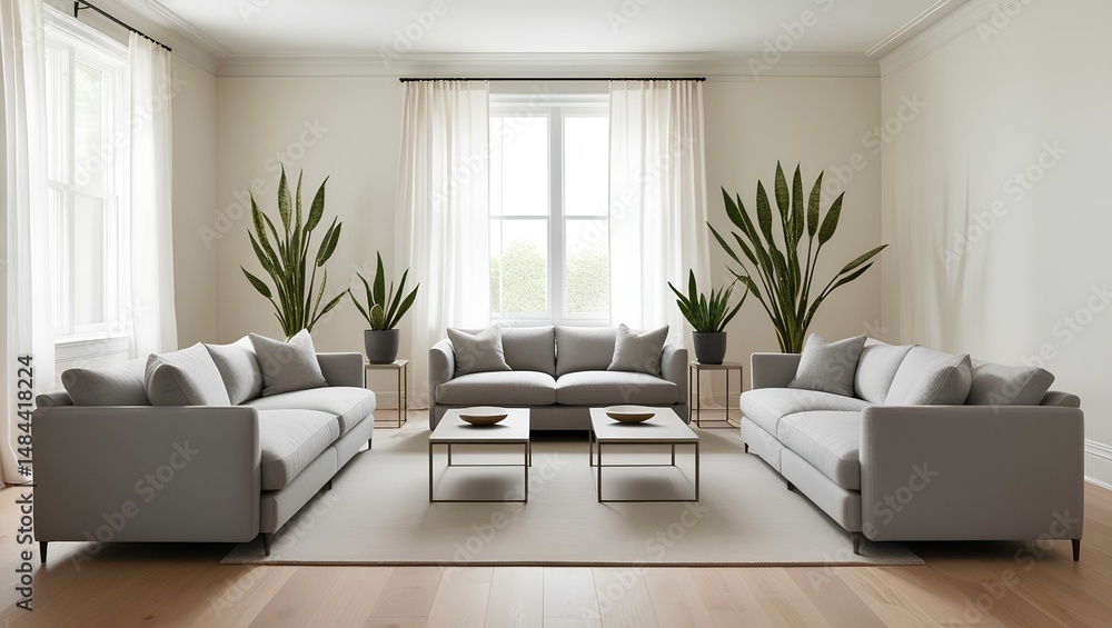 Fototapeta premium Bright and Airy Modern Living Room with Symmetrical Grey Sofas
