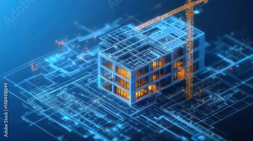 Fototapeta Naklejka Na Ścianę i Meble -  construction building information modeling bim concept with 3d model and blueprints vector illustration.