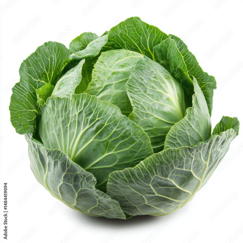 Fototapeta premium Fresh green cabbage with cut in half isolated on white background