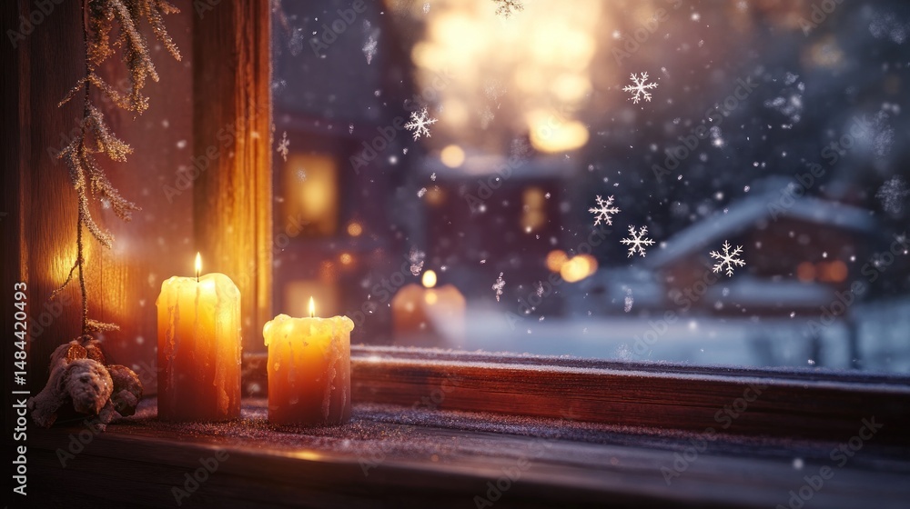 Fototapeta premium Snowy landscape through window with candles