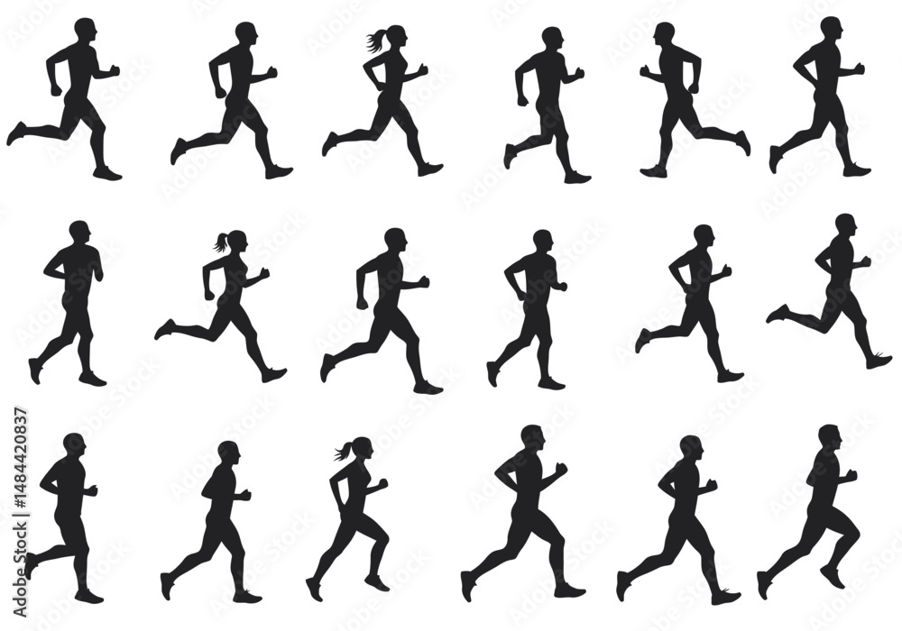 Naklejka premium Silhouetted Runners in Dynamic Poses Representing Movement and Exercise