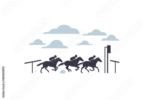 Three Jockeys Racing Horses Under a Cloudy Sky