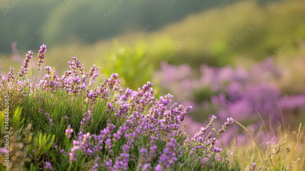 Fototapeta premium Blooming Lavender Flowers in a Peaceful Meadow during Springtime in Natural Landscape