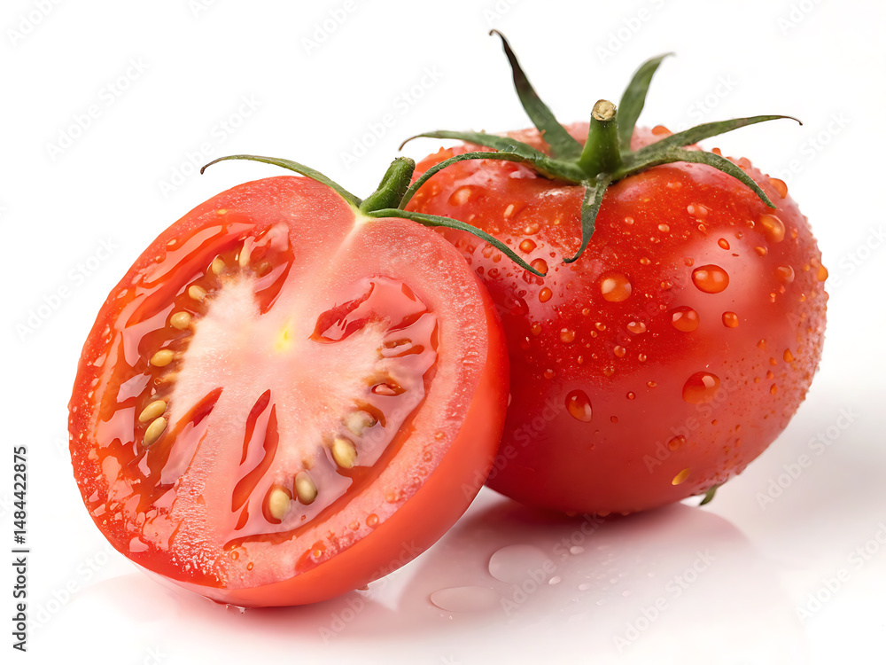 custom made wallpaper toronto digitalTomato whitebackground Fresh, ripe tomato with droplets of water, showcasing vibrant red color and juicy interior, perfect for salads and cooking
