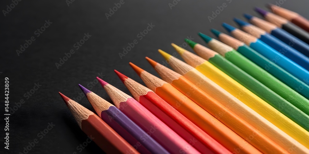 Fototapeta premium Vibrant Spectrum Of Colored Pencils Aligned Neatly On ADark Background Creating AVivid And Artistic Display Of Color And Texture