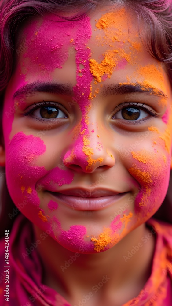 A young girls face is adorned with vibrant pink and orange Holi powder, a joyful expression illuminating her features. The colors are richly textured, creating a captivating visual. A young girls face is adorned with vibrant pink and orange Holi powder, a joyful expression illuminating her features. The colors are richly textured, creating a captivating visual.
