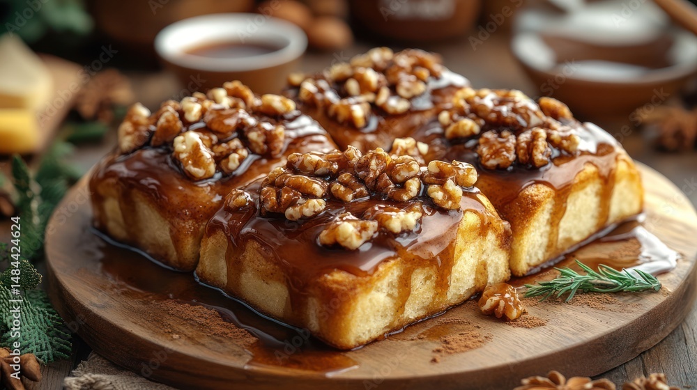 Four walnut cinnamon rolls, glazed, on wooden board Four walnut cinnamon rolls, glazed, on wooden board
