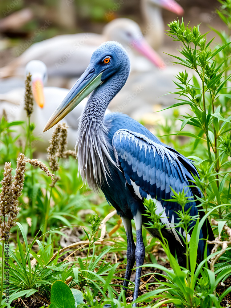 Fototapeta premium A shoebill (Balaeniceps rex) stork standing surrounded by plants. Funny exotic bird.