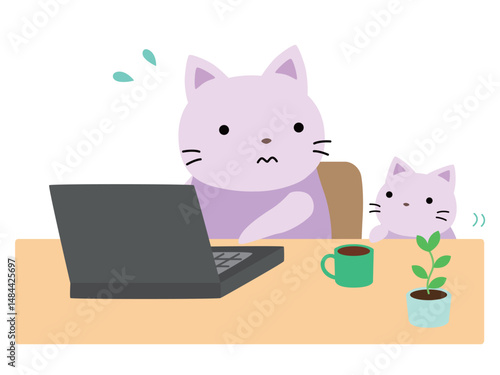 リモートワークをする子育て中のネコ　主線なし