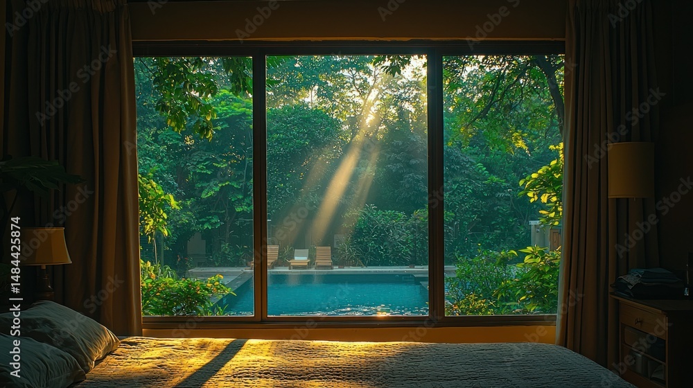 Fototapeta premium Sunlight streams through a window, illuminating a tranquil garden and pool