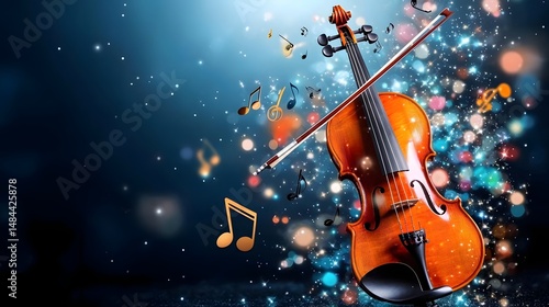 Wallpaper Mural Elegant violin with colorful music notes and sparkling lights on dark background Torontodigital.ca