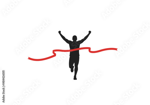 Victorious Runner Silhouette Crossing Finish Line Red Ribbon