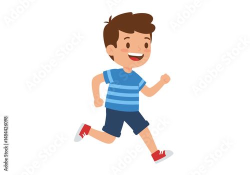 Cartoon Boy Running with Joyful Expression and Striped Blue Shirt