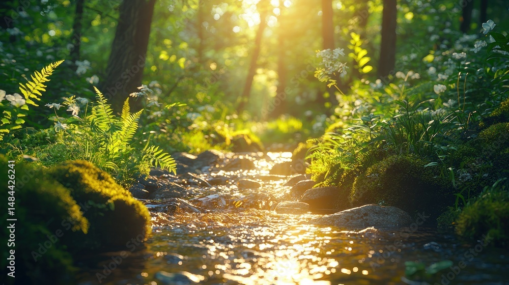 Fototapeta premium Sunlight streams through forest creek (1)