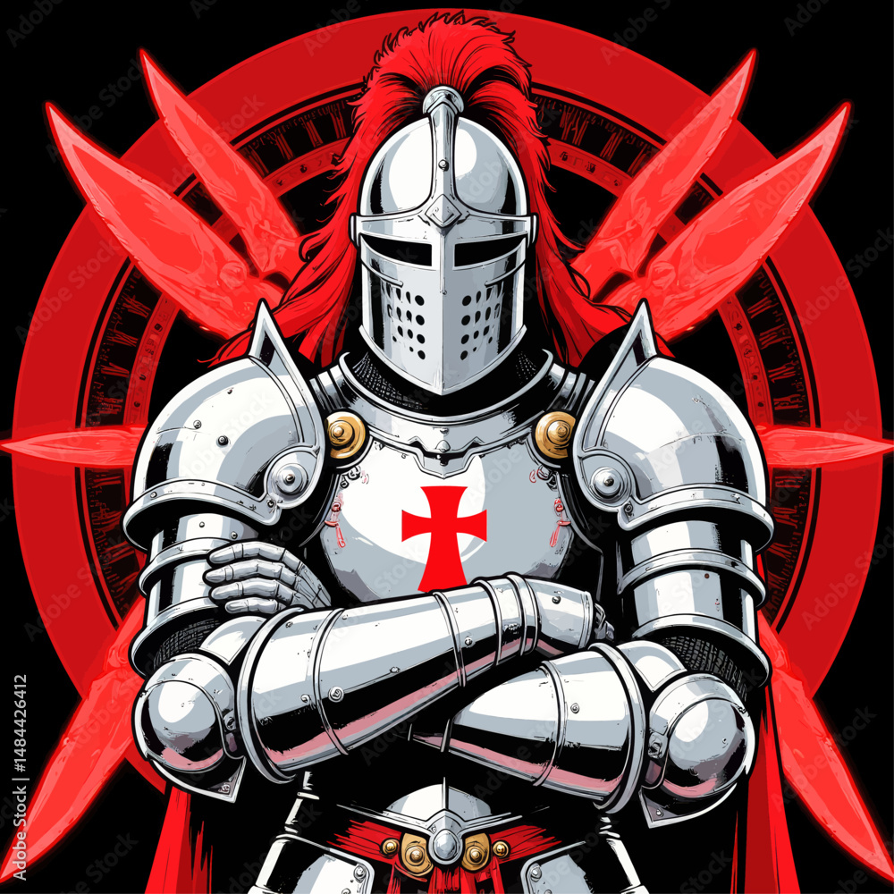 Armored Knight Red Cross Shield Wings Dark Background