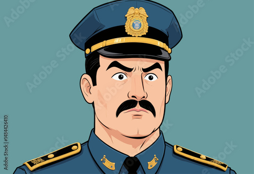 Authoritative Police Officer in Uniform with Mustache and Cap on Blue Background