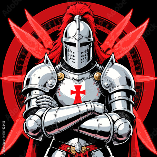 Armored Knight Red Cross Shield Wings Dark Background